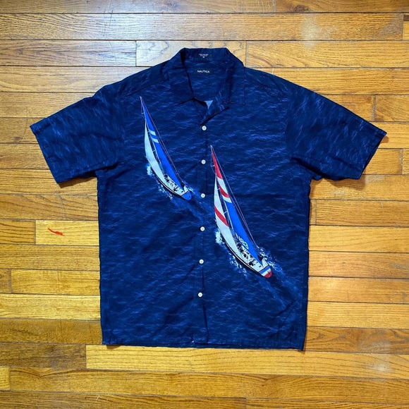 Nautica printed cotton buttonup sailing boat graphic shirt - Picture 2 of 4